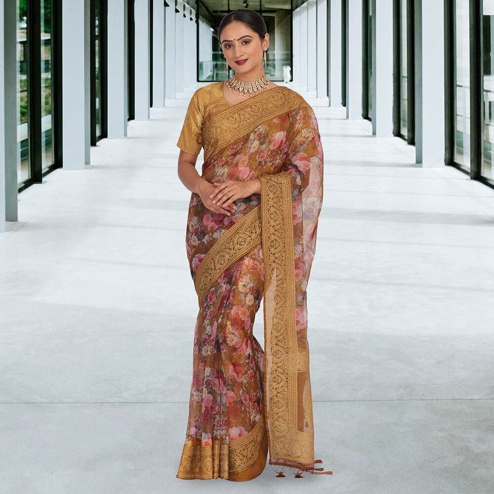 Organza fabric digital print Banarasi Sari - Brown