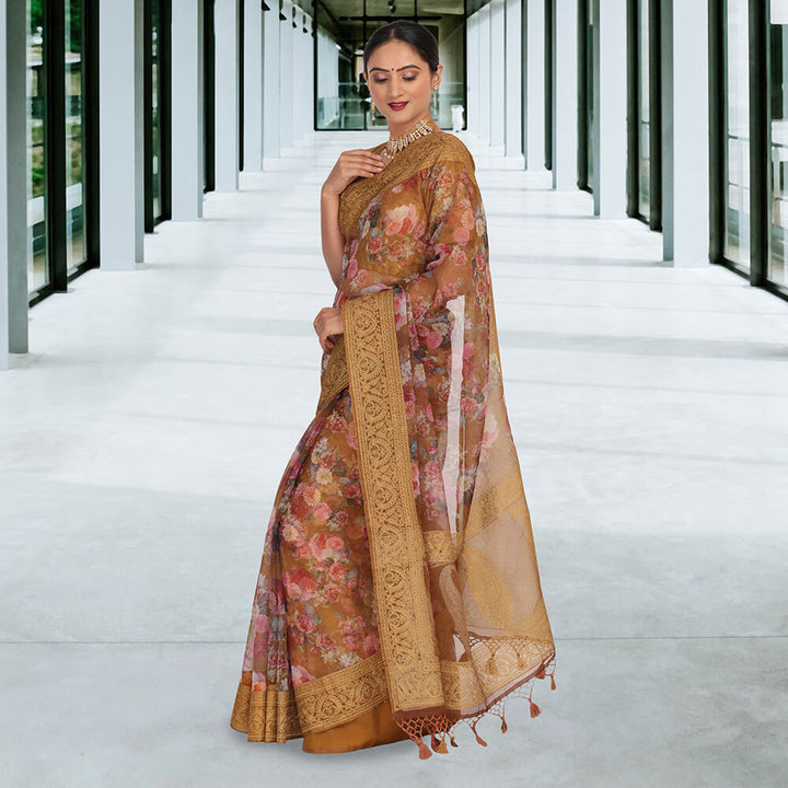 Organza fabric digital print Banarasi Sari - Brown