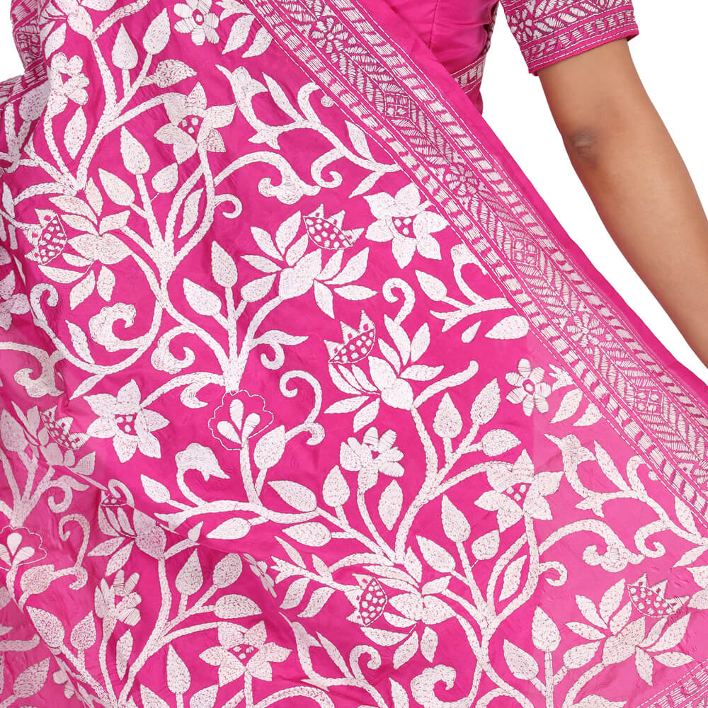 Pink Banglore silk Sari with Kantha hand embroidery