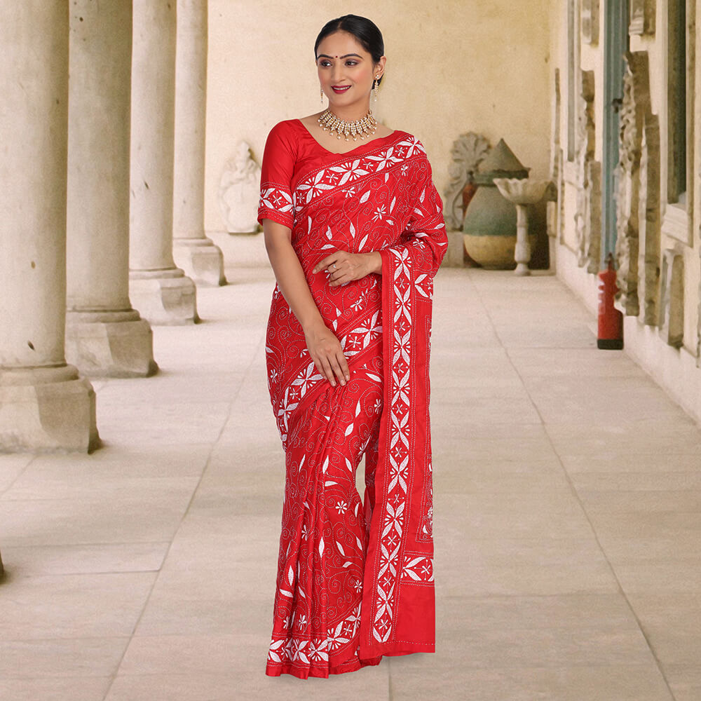 Hand embroidered kantha work sari - red