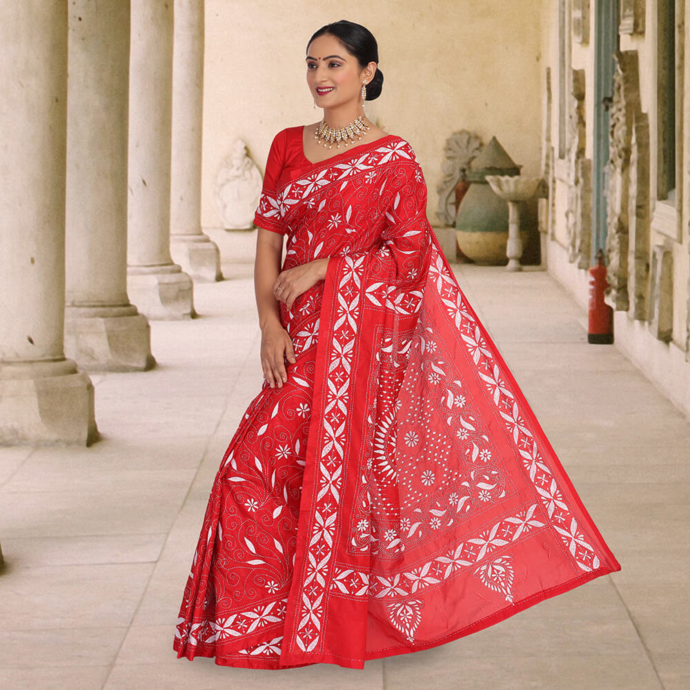 Hand embroidered kantha work sari - red