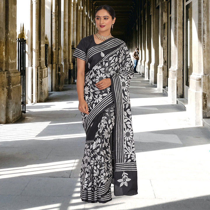 Hand embroidered kantha work sari - Black