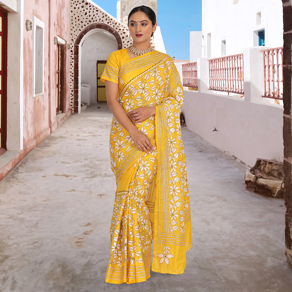 Hand embroidered kantha work sari - Yellow