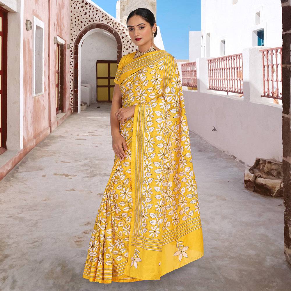 Hand embroidered kantha work sari - Yellow