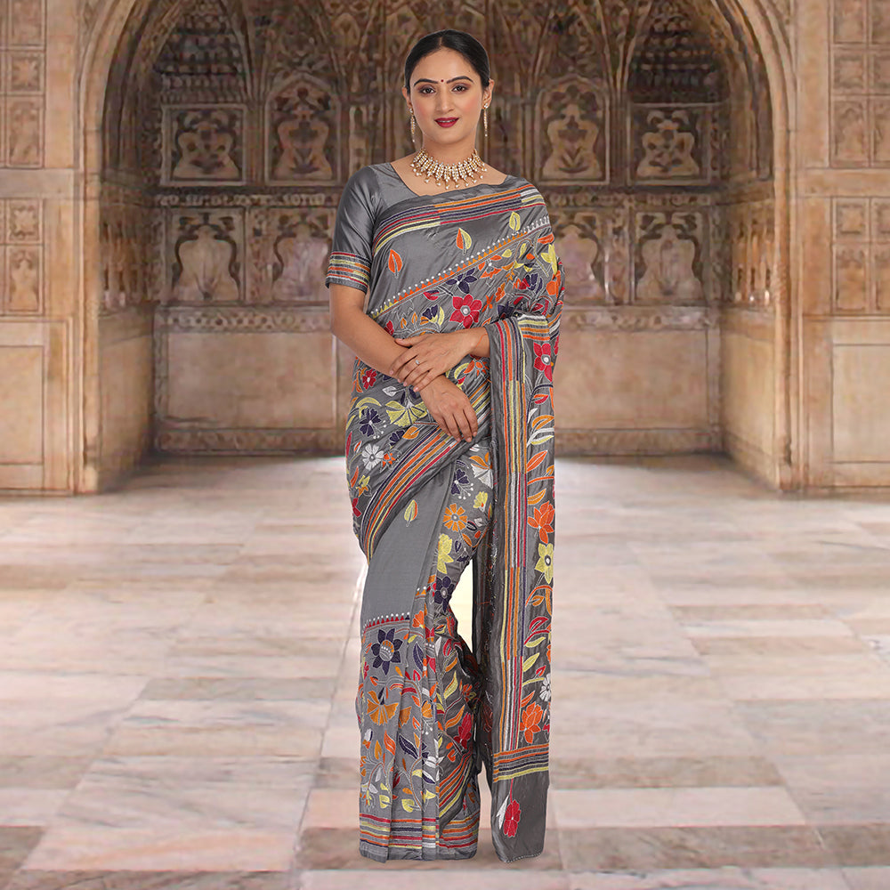 Gray color kantha work sari