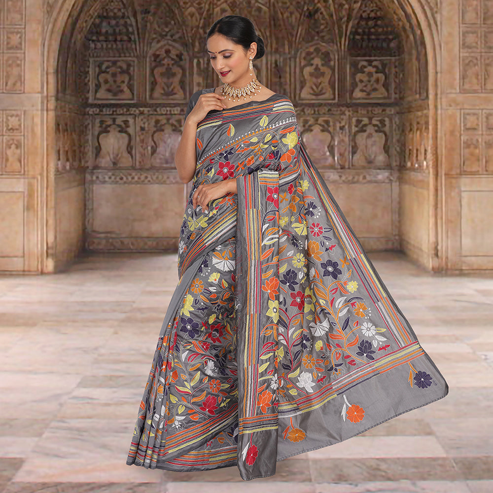 Gray color kantha work sari