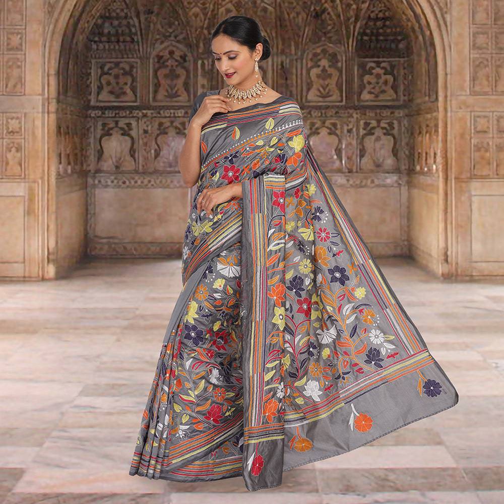 Gray color kantha work sari