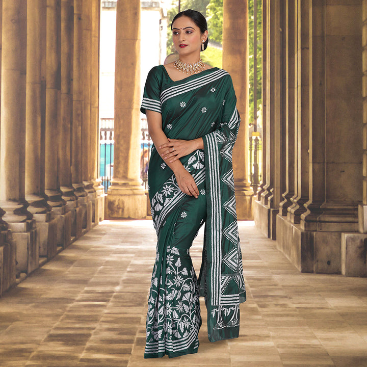 Green color kantha work sari