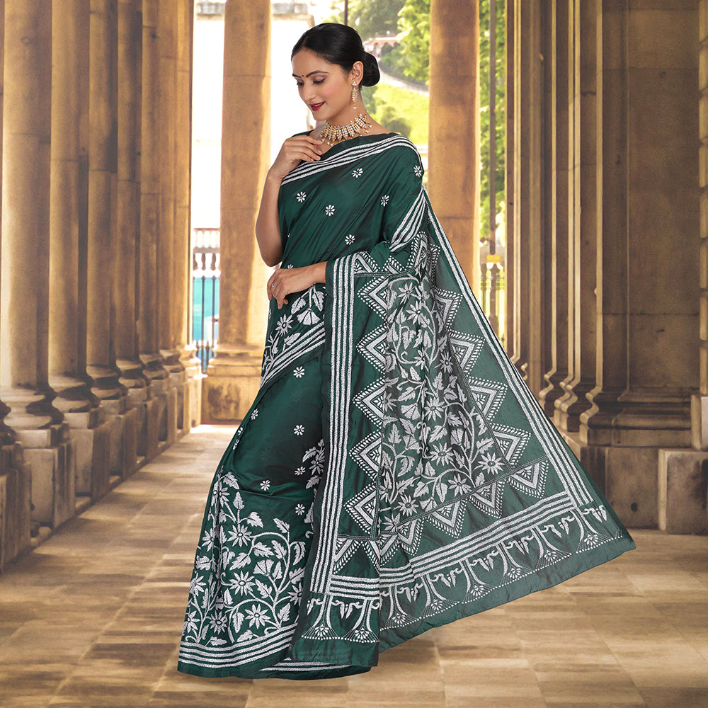 Green color kantha work sari