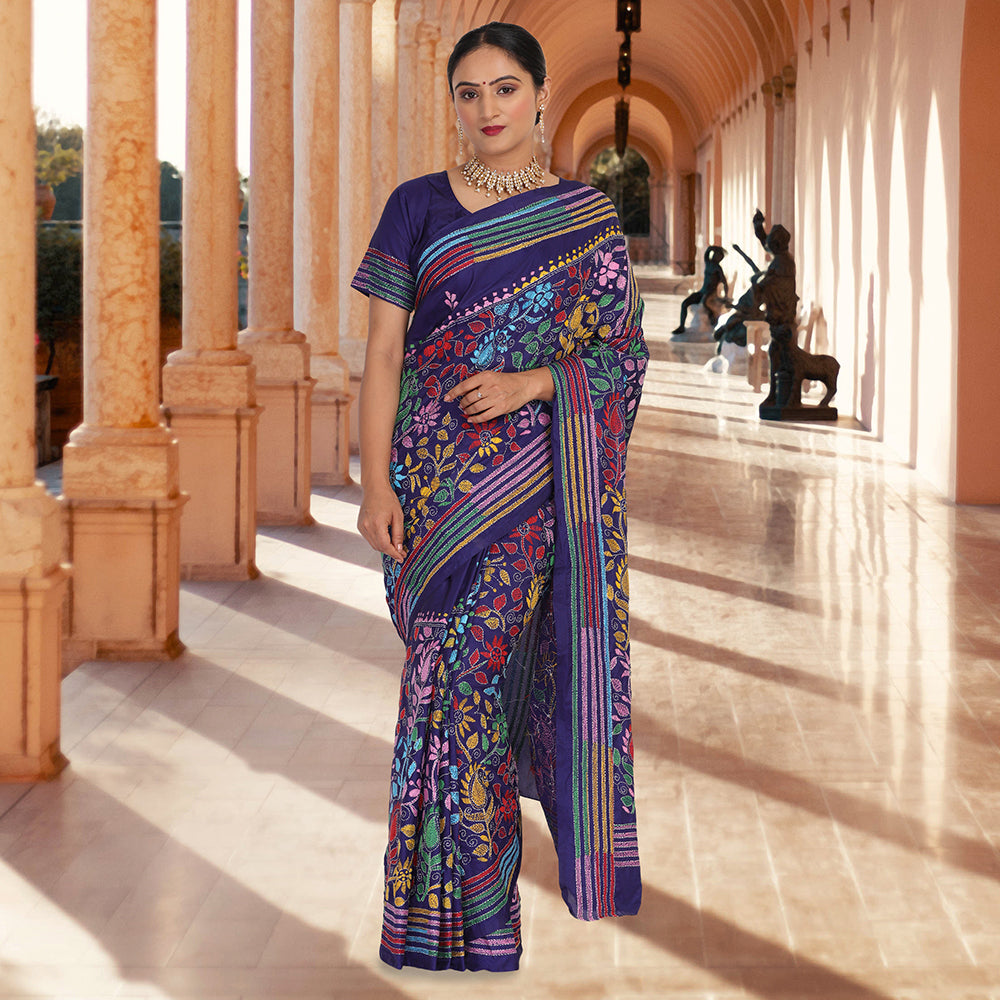 Hand embroidered multicolor kantha work sari 