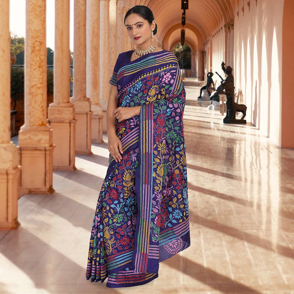 Hand embroidered multicolor kantha work sari 