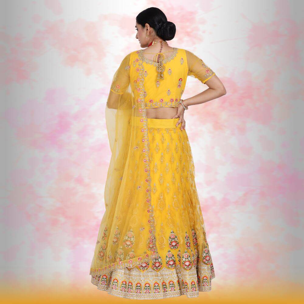 Pure Net Yellow Lehena with multi color embroidery