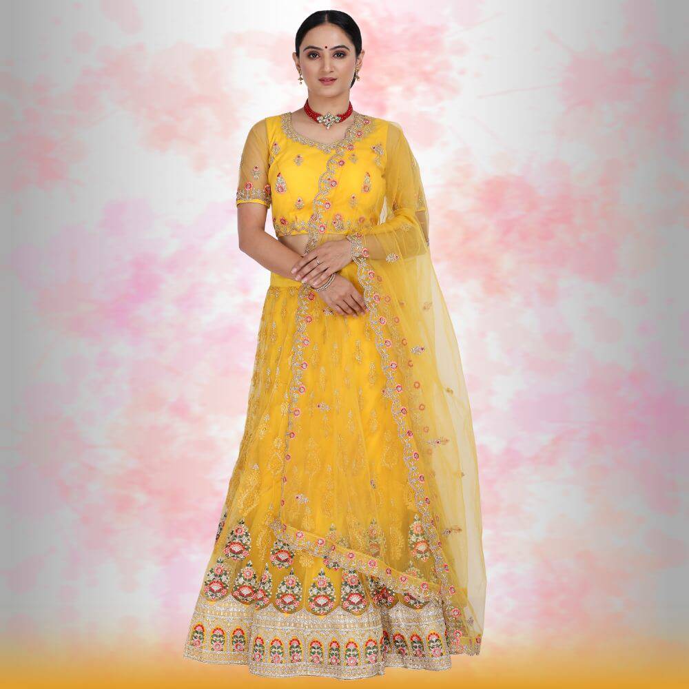 Pure Net Yellow Lehena with multi color embroidery