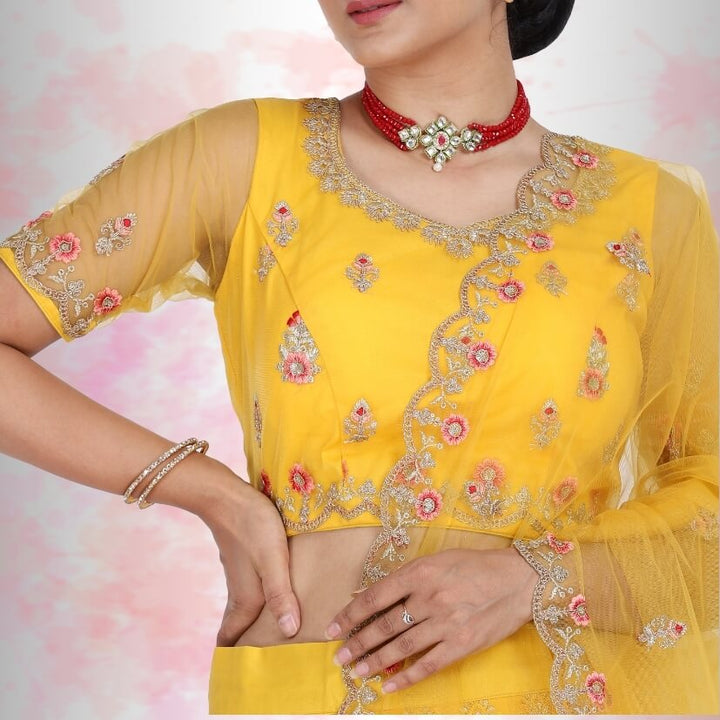 Pure Net Yellow Lehena with multi color embroidery