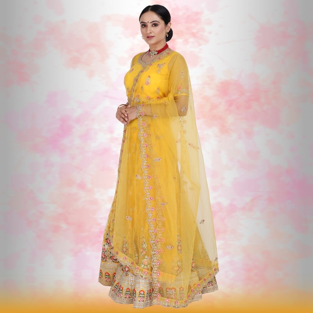 Pure Net Yellow Lehena with multi color embroidery