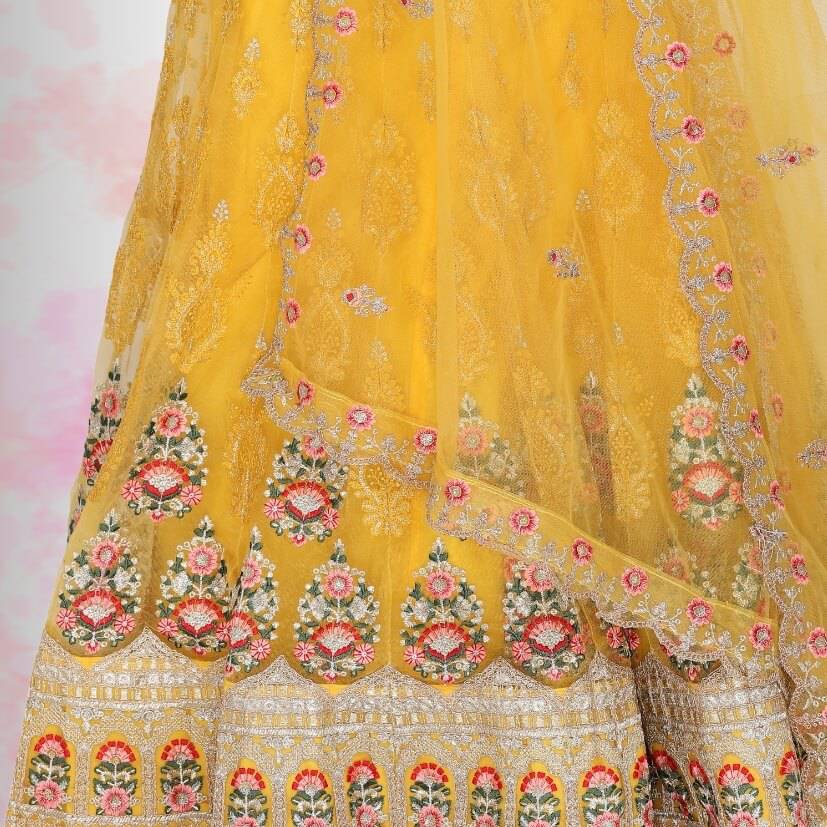 Pure Net Yellow Lehena with multi color embroidery