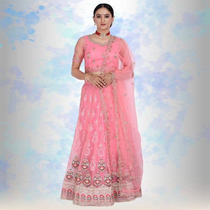 Pink pure net Lehenga Choli with multicolor embroidery