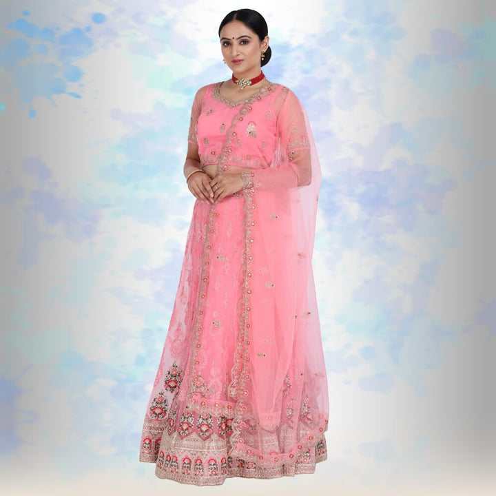 Pink pure net Lehenga Choli with multicolor embroidery