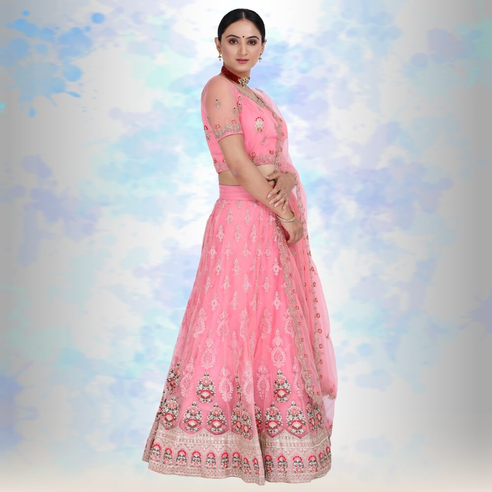 Pink pure net Lehenga Choli with multicolor embroidery