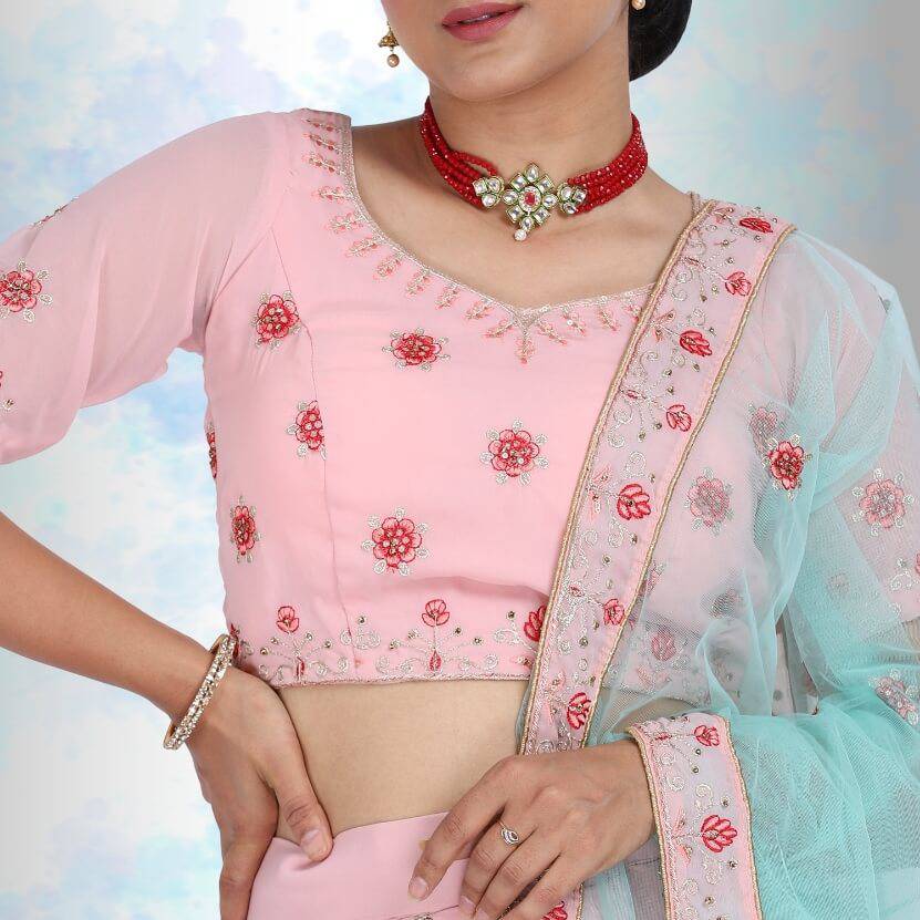 Georgette Lehenga with readymade blouse - Pink