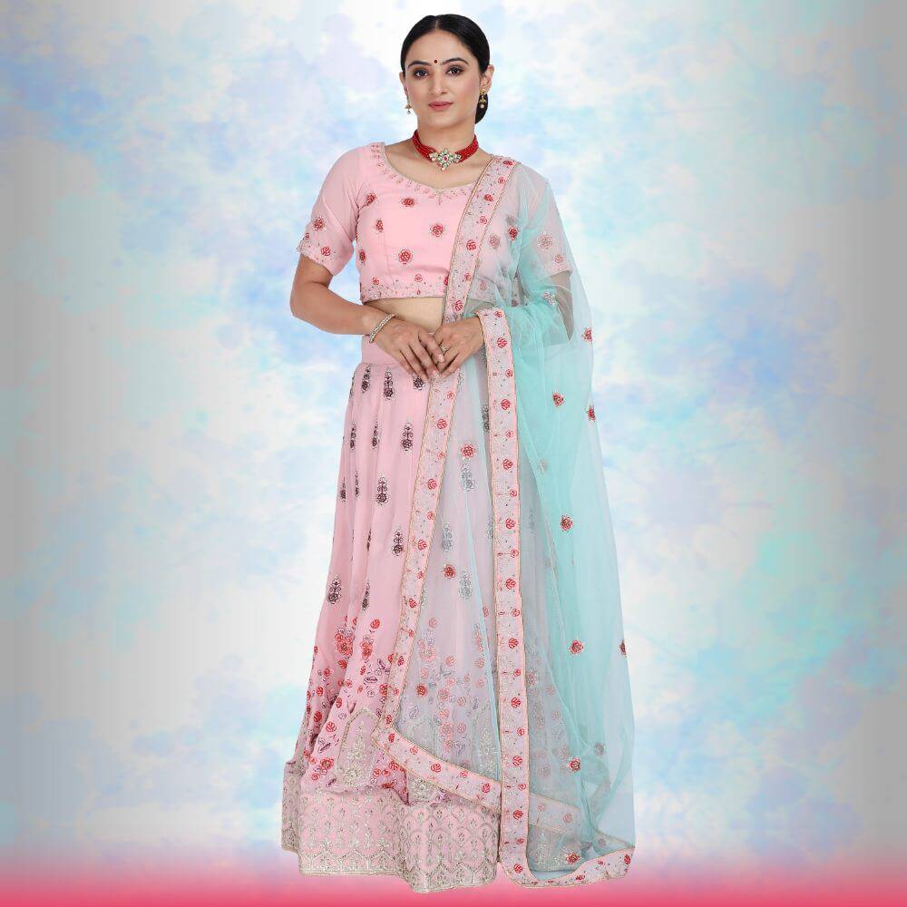 Georgette Lehenga with readymade blouse - Pink