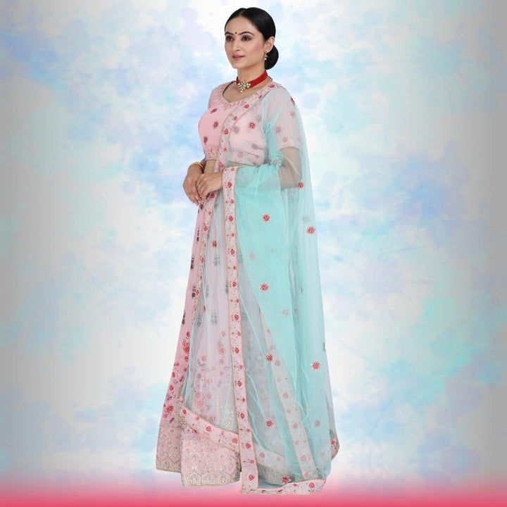 Georgette Lehenga with readymade blouse - Pink