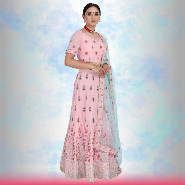 Georgette Lehenga with readymade blouse - Pink