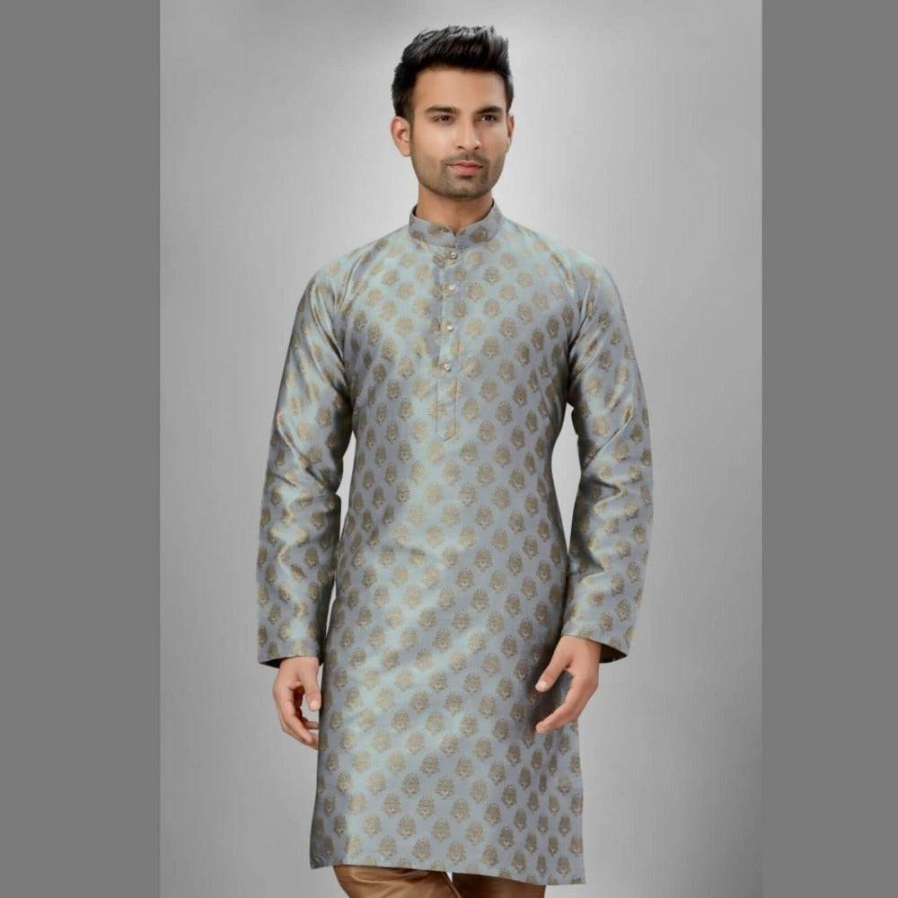 Brocade Silk Kurta Pyjama Set - Gray