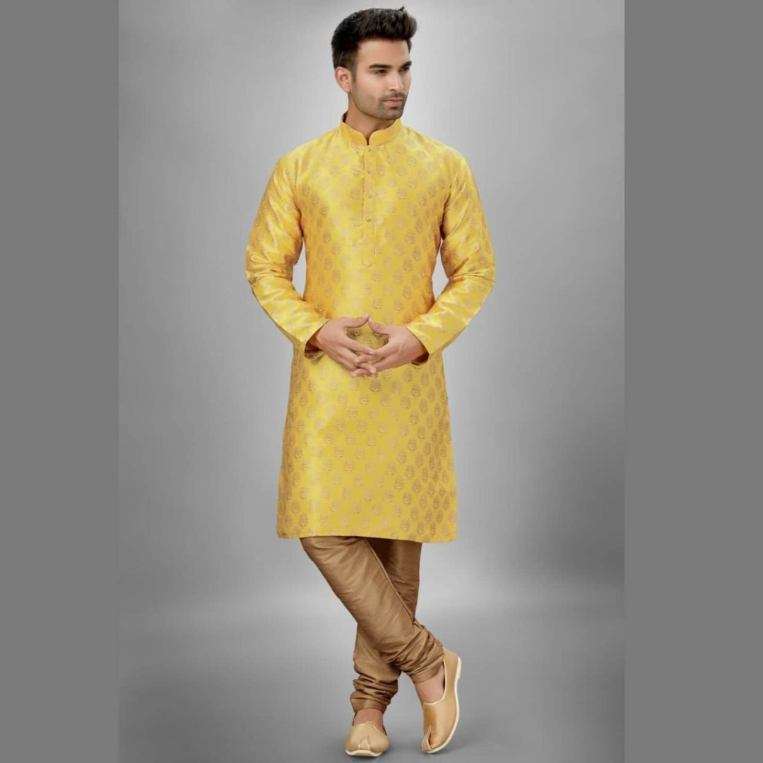 Brocade Silk Kurta Pyjama Set - Yellow