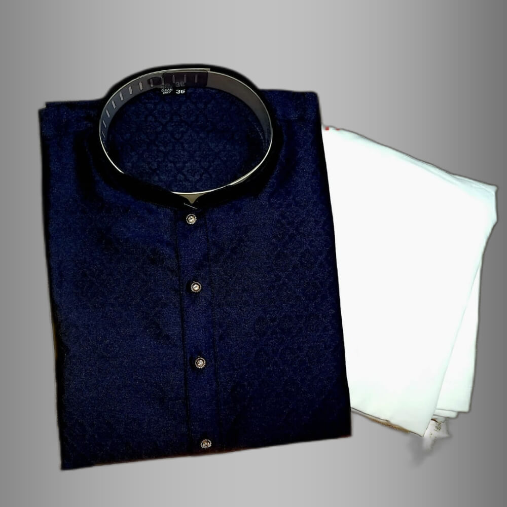 Self design Silk Kurta Pajama Set - Navy Blue
