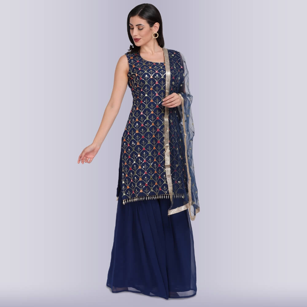 Palazzo Set with Resham Embroidery - Blue