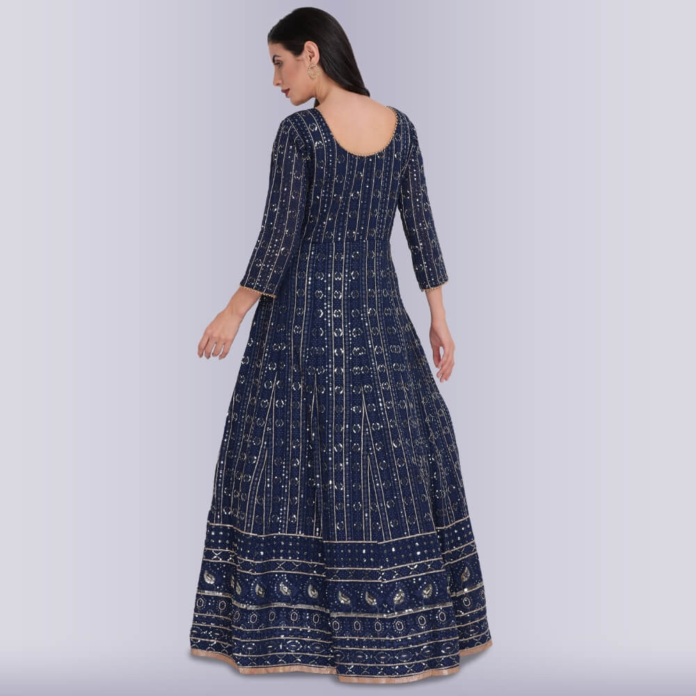 Sequin And Resham work Anarkali Gown Dress - Blue