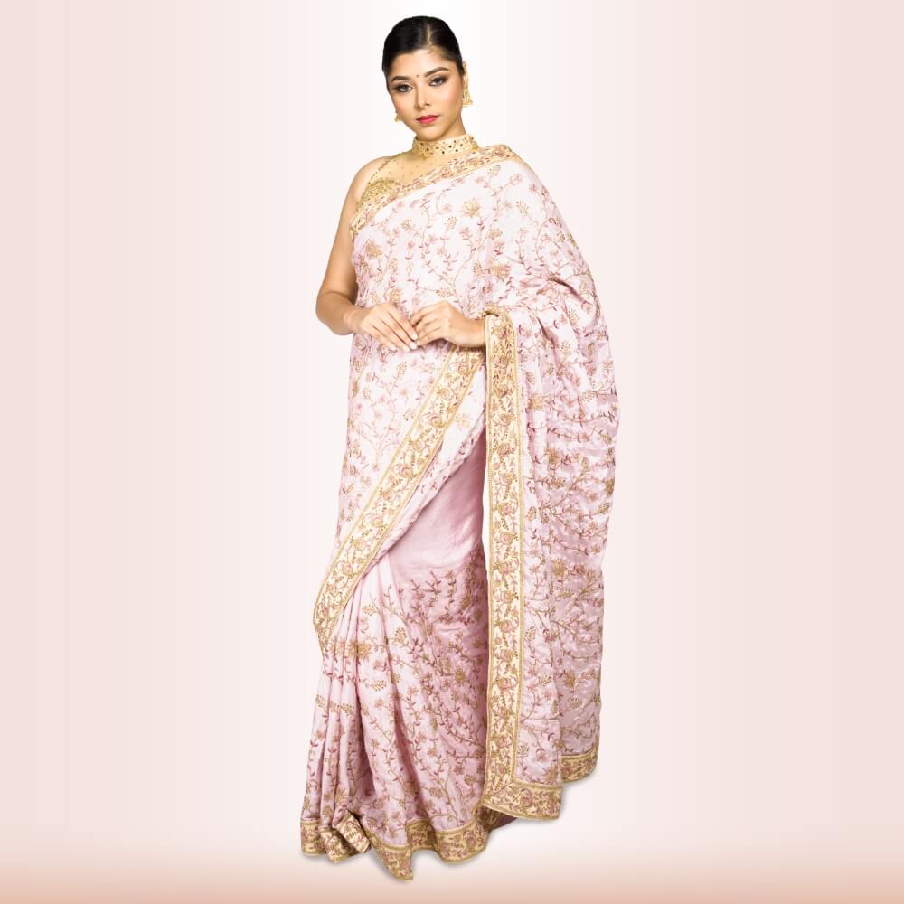 Mauve color Pure Crepe embroidered saree