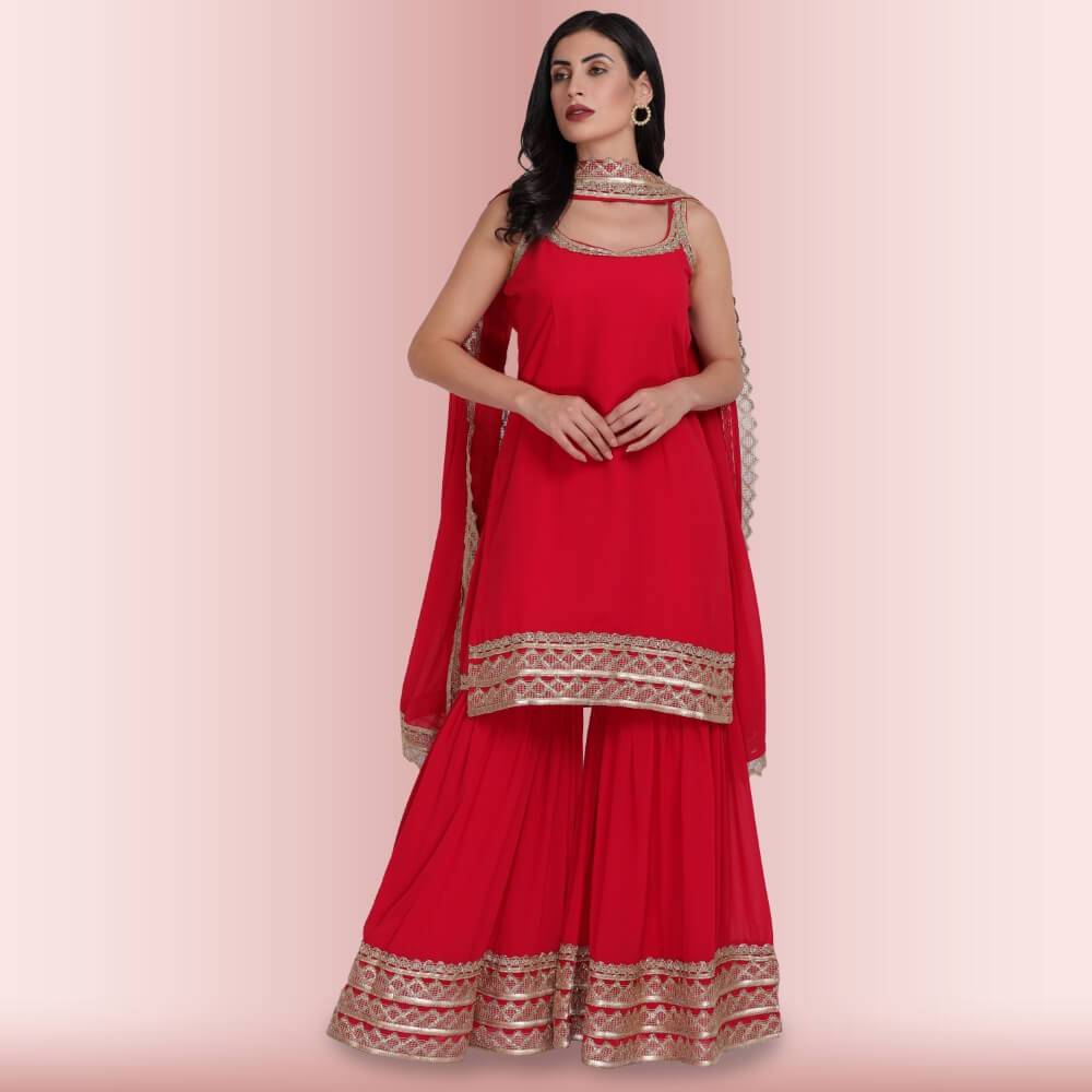 Elegant Garara Set with Gold Accent - Red