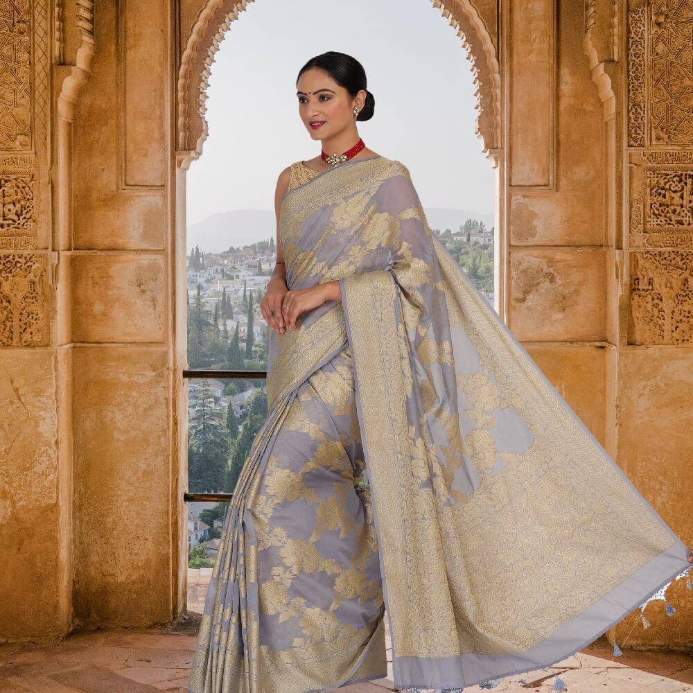 Steel Gray soft khaddi Georgette banarasi saree - pallu