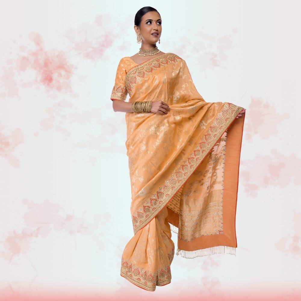 Yellow Banarasi Silk saree with bead work embroidery