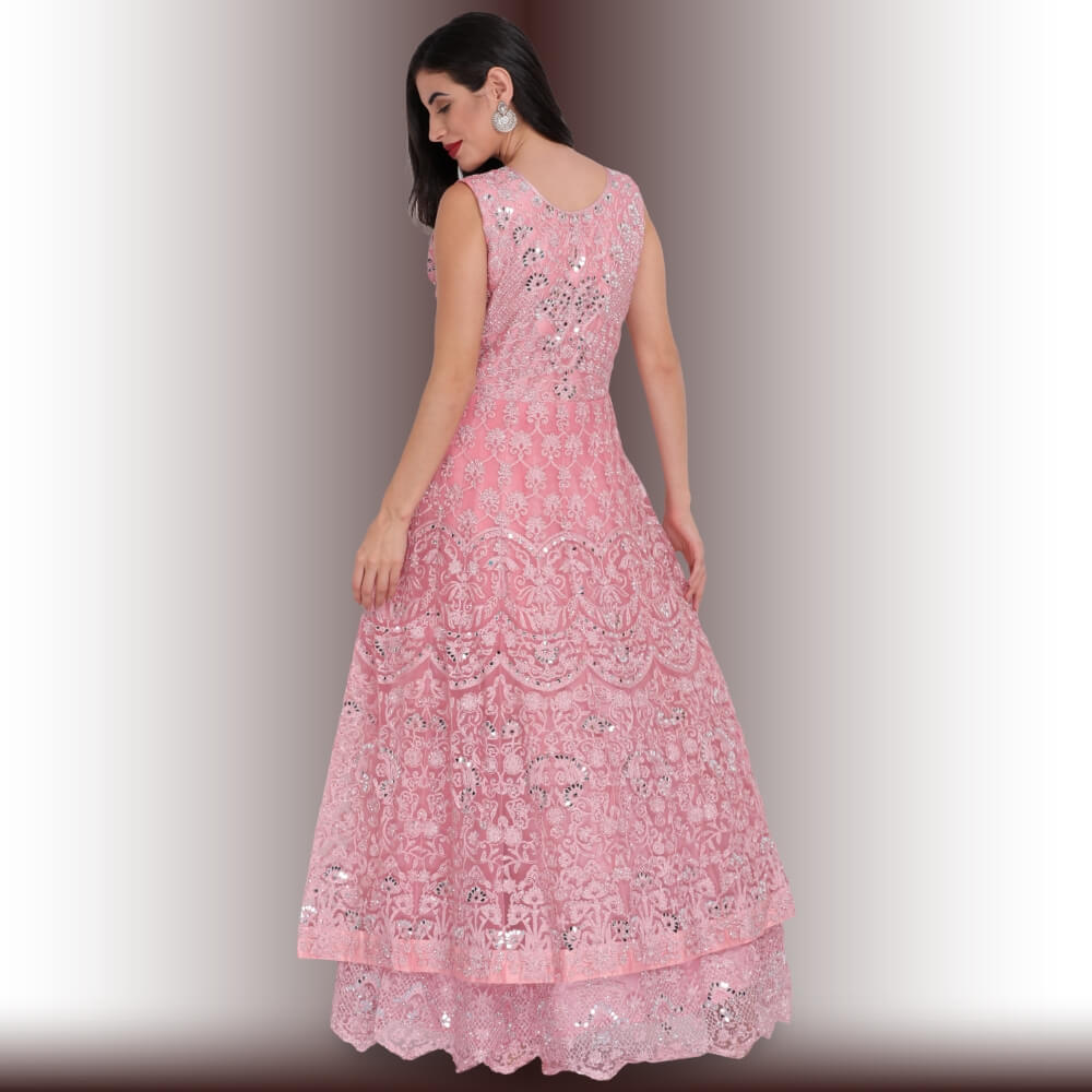 Mirror Work Gown Dress - Baby Pink