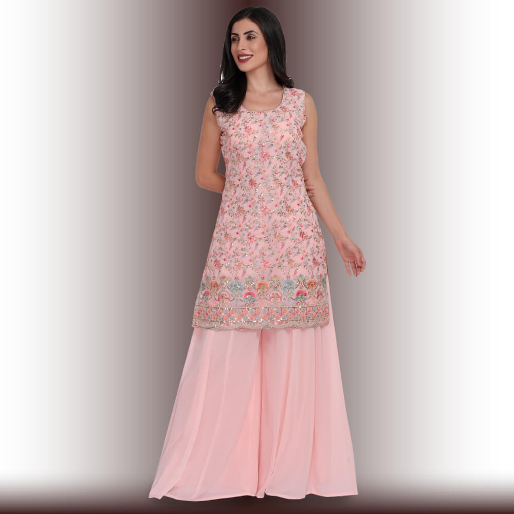 Palazzo Suit with multicolor embroidery - Baby Pink Media 1 of 5