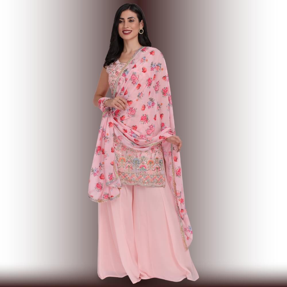 Palazzo Suit with multicolor embroidery - Baby Pink Media 1 of 5