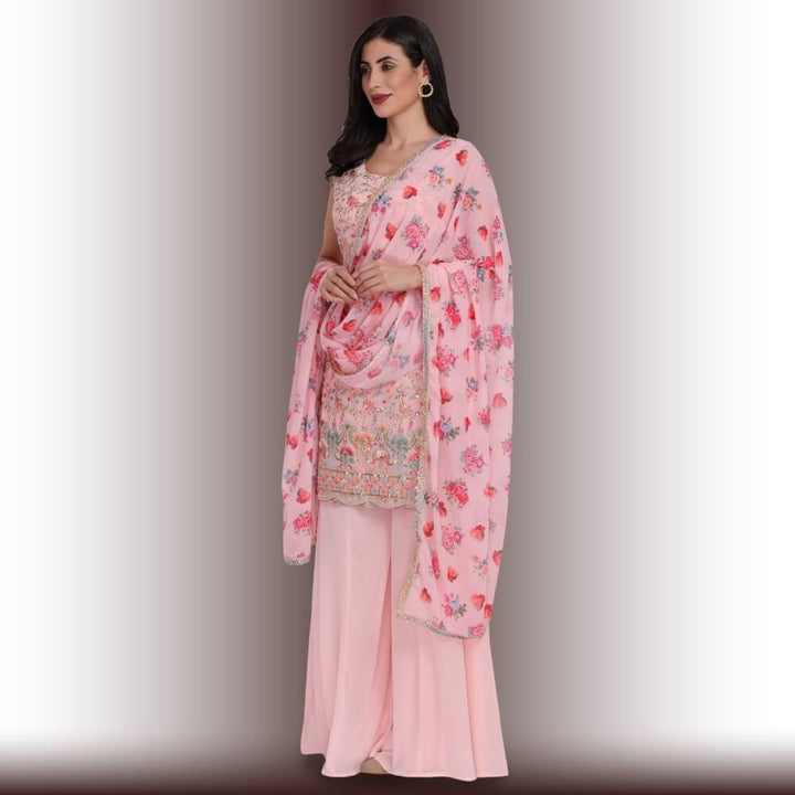 Palazzo Suit with multicolor embroidery - Baby Pink Media 1 of 5