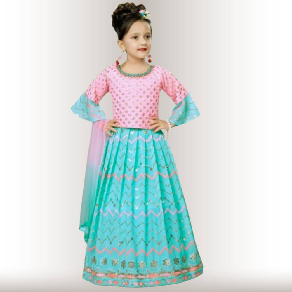 Pink and Blue lehenga Choli for little Girls - Chiro's By Jigyasa