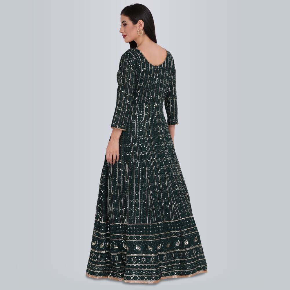 Sequin And Resham work Anarkali Gown Dress - Green