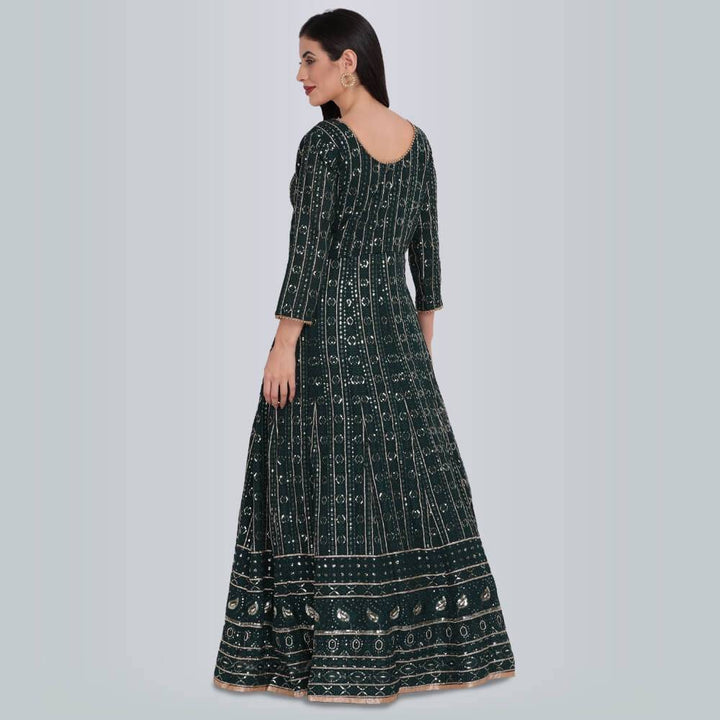 Sequin And Resham work Anarkali Gown Dress - Green