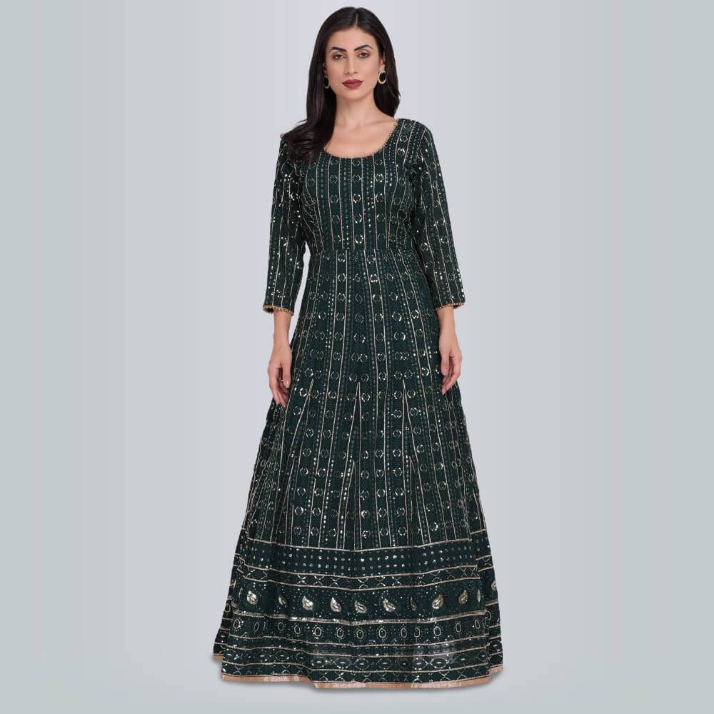 Sequin And Resham work Anarkali Gown Dress - Green