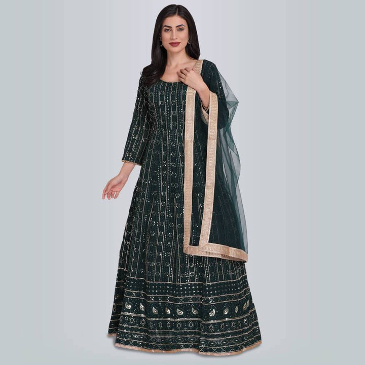 Sequin And Resham work Anarkali Gown Dress - Green