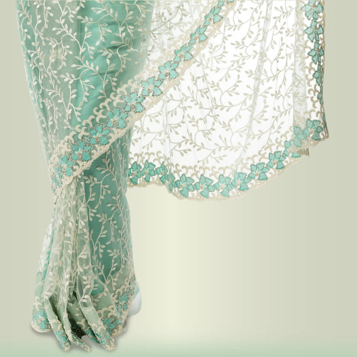 Lightweight Parsi Work Sari  - Green