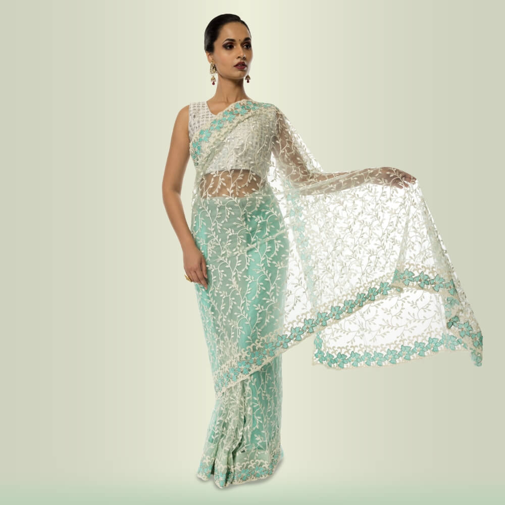 Lightweight Parsi Work Sari  - Green