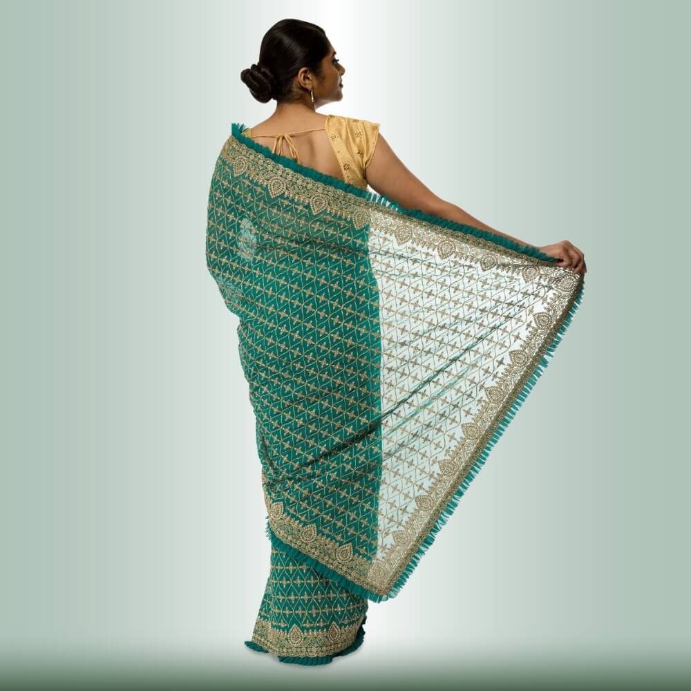 Indian Sari with Gold Embroidery - Green