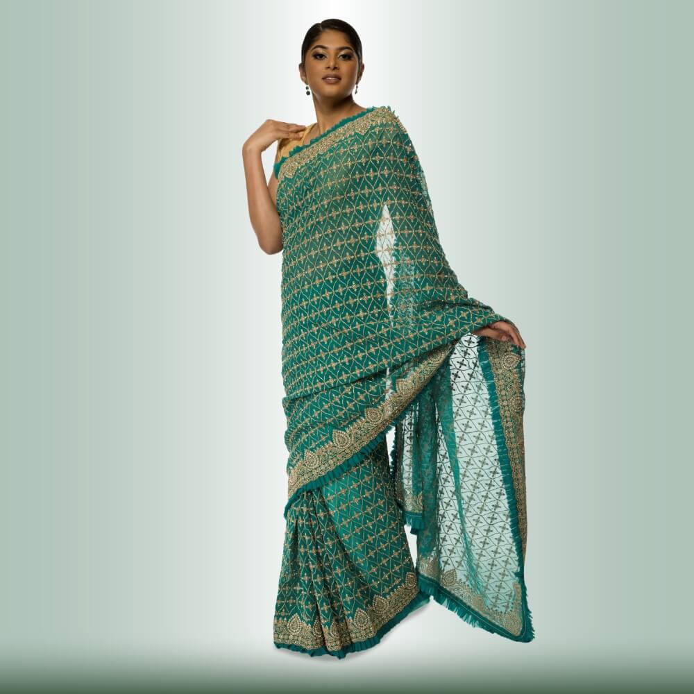 Indian Sari with Gold Embroidery - Green