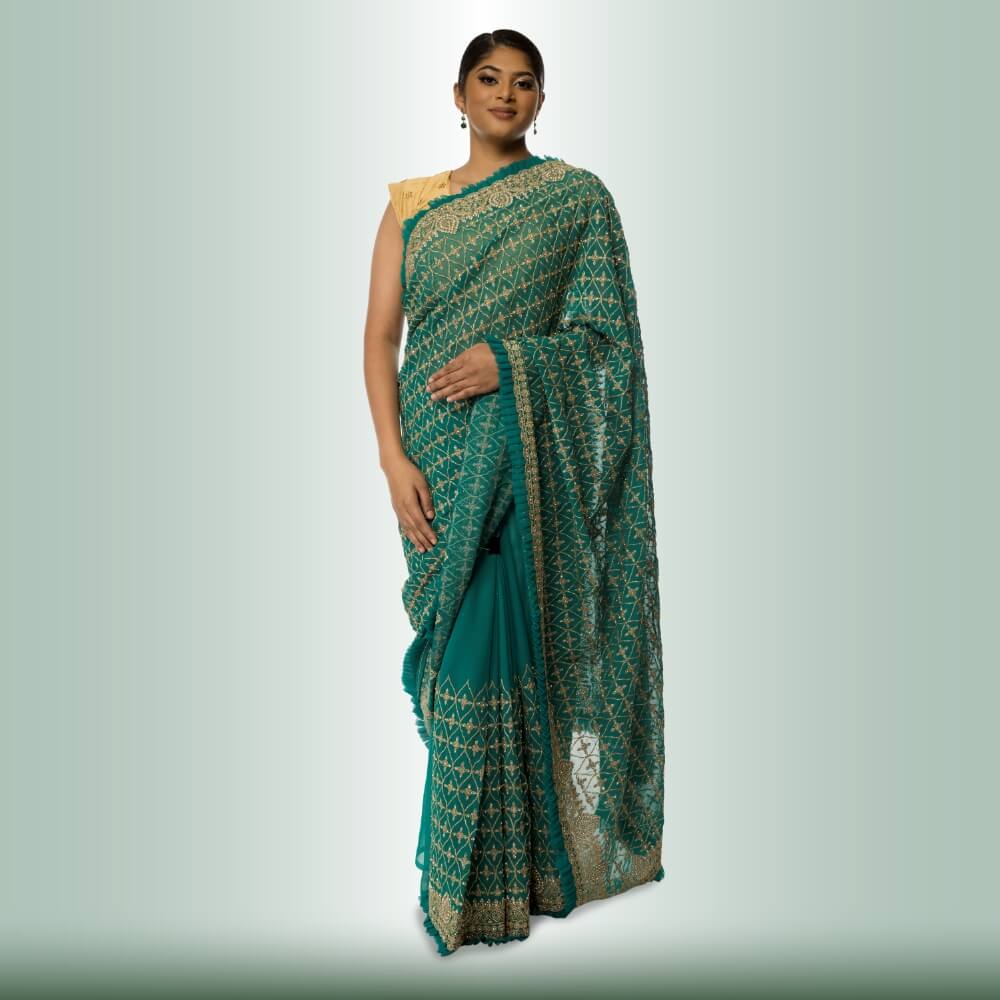 Indian Sari with Gold Embroidery - Green